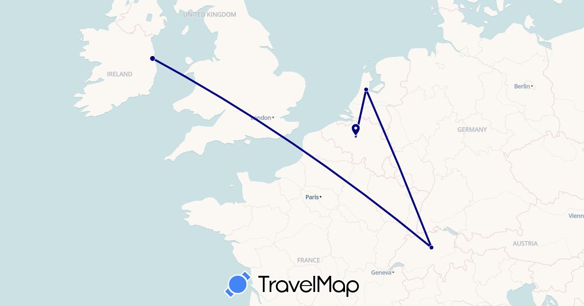 TravelMap itinerary: driving in Belgium, Switzerland, Ireland, Netherlands (Europe)